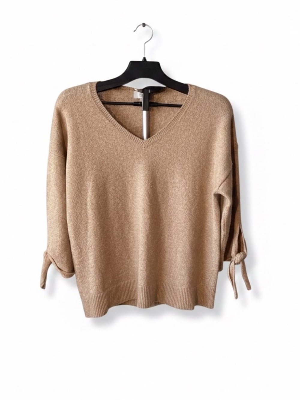 LOFT Camel V-Neck Tie-Sleeve Sweater Large